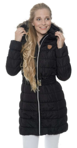 Fekete steppelt, hosszabb női télikabát kapucnival SAM73