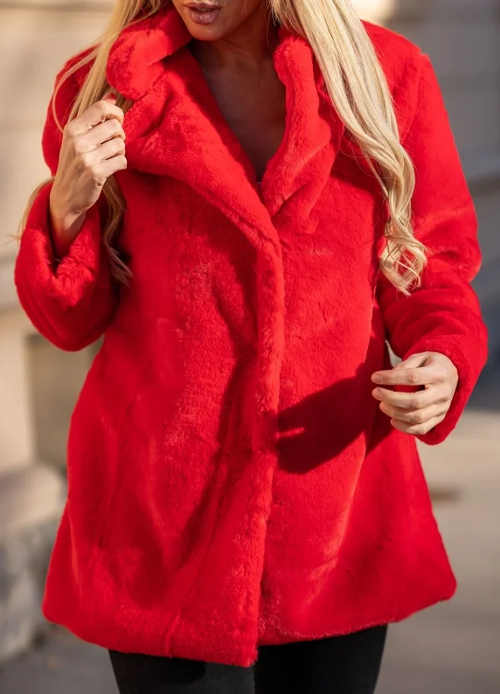 Piros plüss női kabát derékhosszúságú