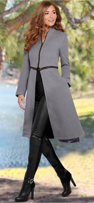 Hosszú szürke női kabát cipzárral