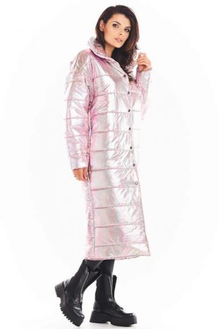 Rózsaszín női holografikus kabát magasabb gallérral