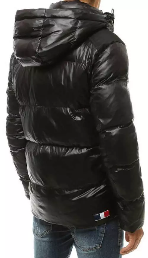 Egyszínű fekete fényes férfi steppelt télikabát