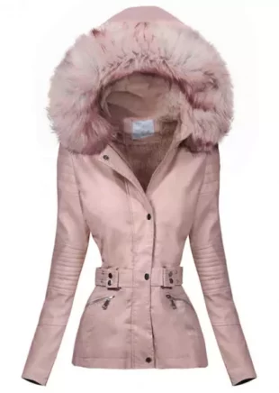 Világos rózsaszín műbőr női télikabát nagy szőrmével a kapucnin