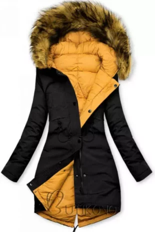 Fekete és sárga női fordítható praktikus téli kabát
