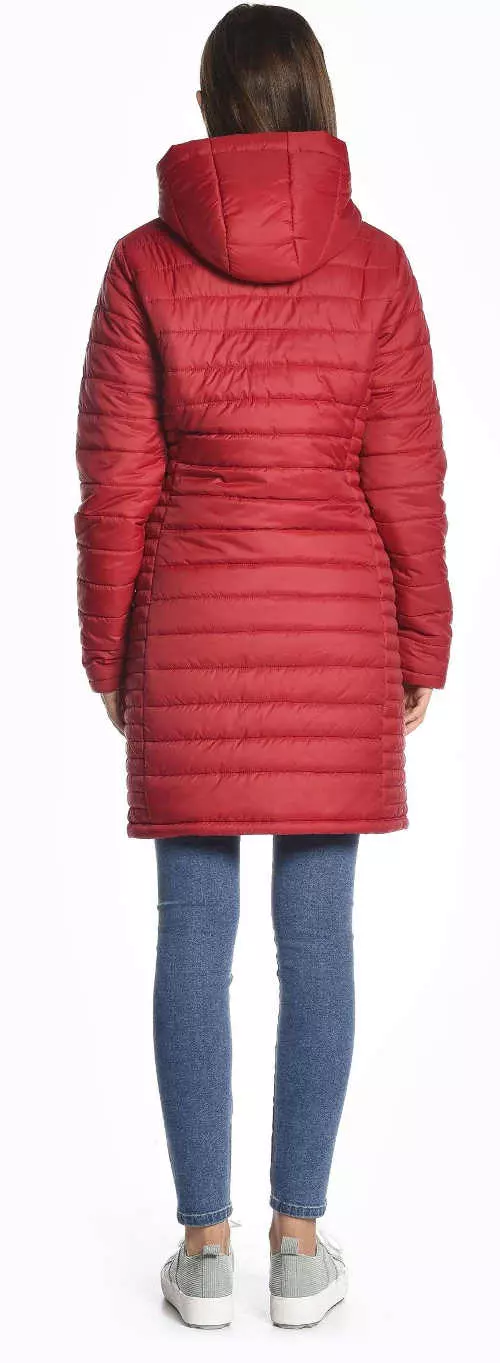Modern piros steppelt hosszú kabát kapucnival