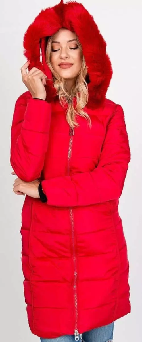 Piros kiterjesztett steppelt női téli kabát szőrmével