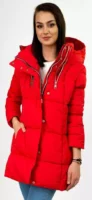 Piros női téli kabát ezüst cipzárakkal