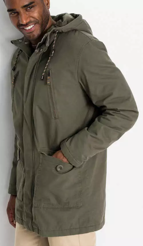 Férfi khaki téli kabát nagy zsebekkel