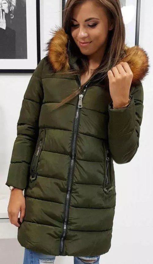 Hosszú steppelt khaki téli kabát szőrmével