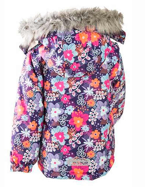Lány virágos kabát szőrmével a kapucniján