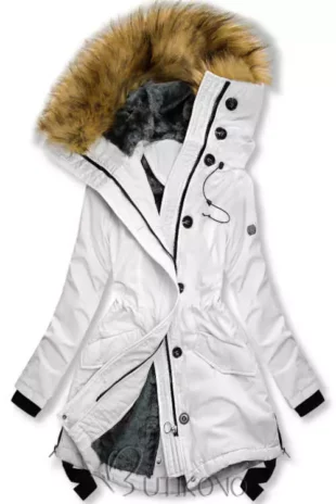 Modern fehér magas galléros kabát szőrme díszítéssel