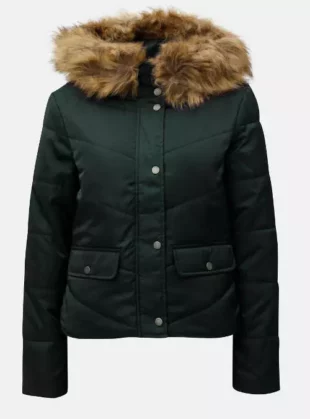 Sötétzöld steppelt téli kabát műszőrmével