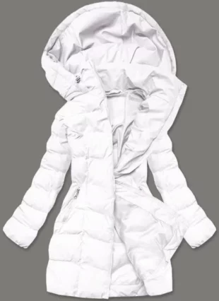 Divatos szigetelt fehér női téli dzeski praktikus kapucnival