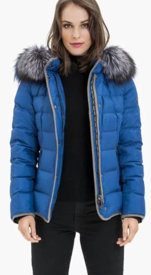 Kék női steppelt télikabát kapucnival Kara levehető szőrmebundával