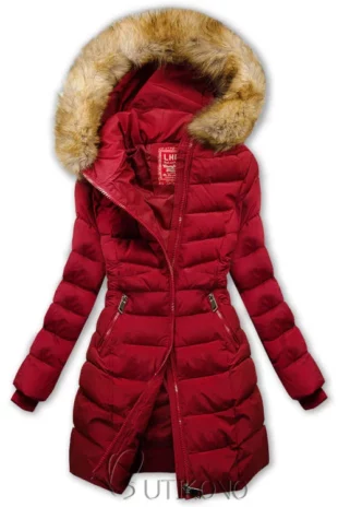 Meleg bordó piros steppelt téli kabát szőrmével